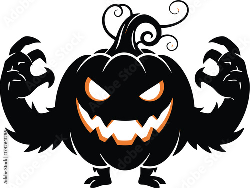 A muscular pumpkin with glowing eyes and a menacing grin, this halloweenthemed illustration features a strong, spooky character ready for trickortreating