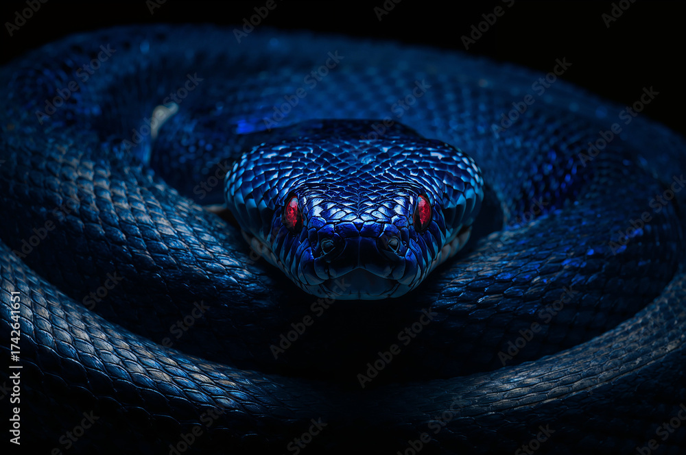 Obraz premium Close up of a coiled dark blue snake with glowing red eyes