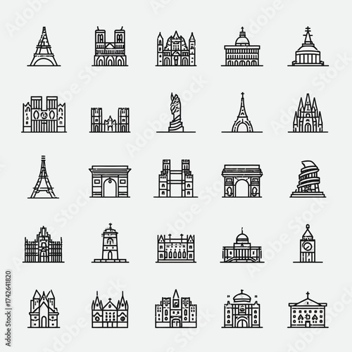 Set of line art icons depicting diverse architectural structures and major city landmarks, representing global travel destinations and historical monuments.