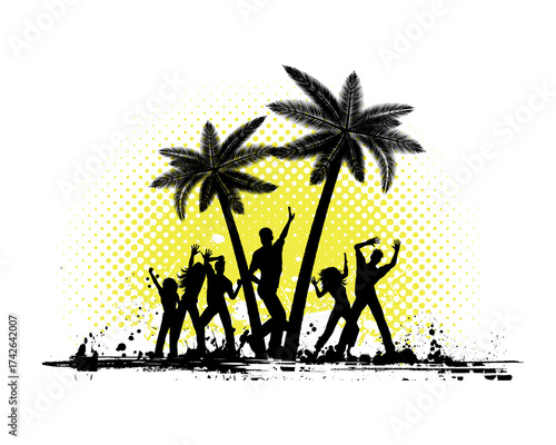 Silhouettes of people dancing under palm trees with a halftone background