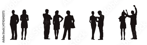 Silhouettes of people in conversation and standing groups