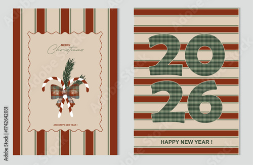 Happy New Year 2026 Christmas Greeting Card Set. holiday poster collection with striped patterns, candy cane with plaid bow, pine branch, and bold 2026 typography design. Vector illustration