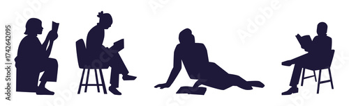 Silhouettes of people reading in various seated and reclining positions