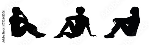 Silhouettes of three seated figures in a relaxed pose on a black background