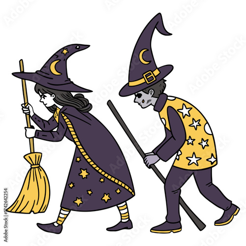Witch and Wizard Couple Halloween Costume Vector – Transparent Background