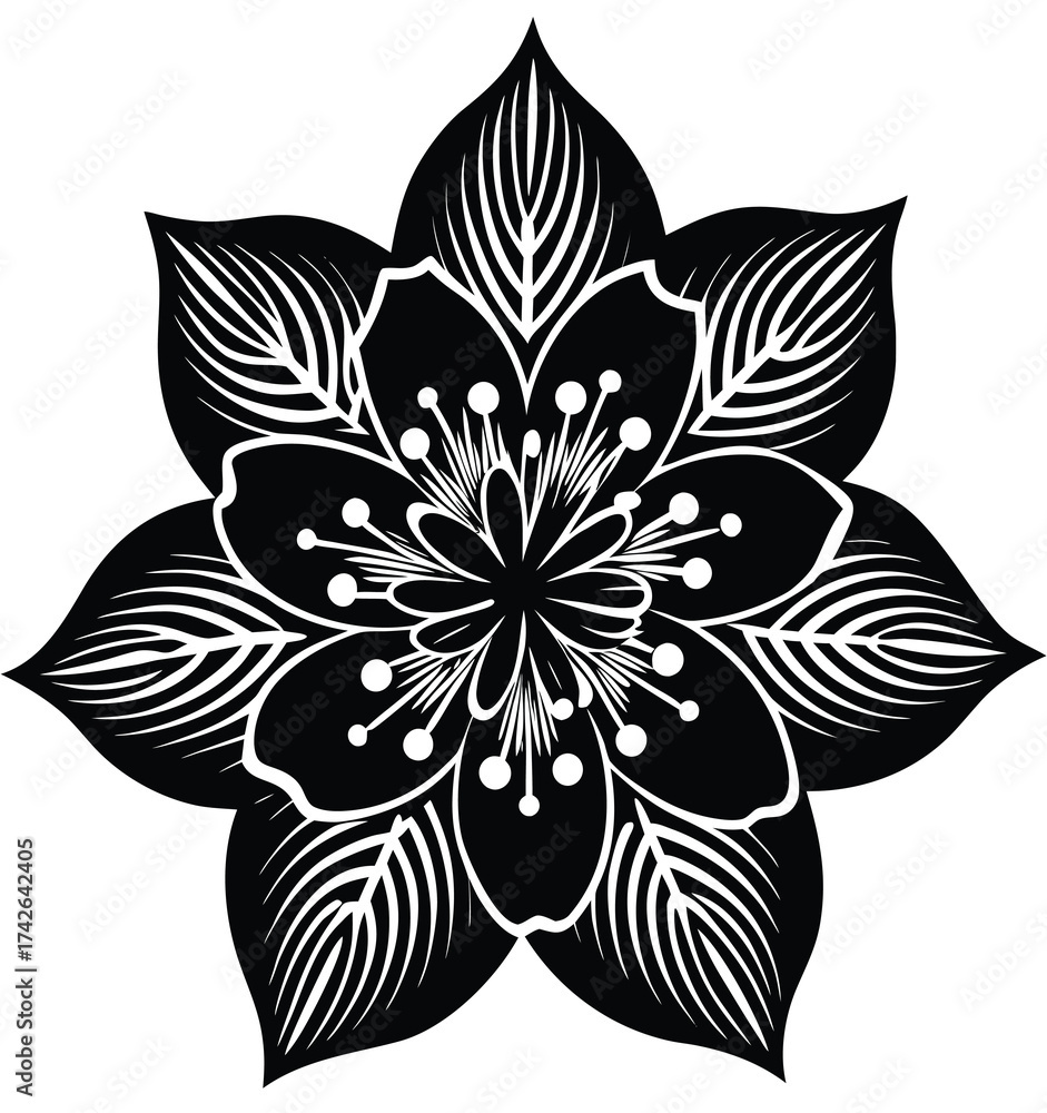 Obraz premium Shrofugen Cherry Blossom Outline with Layered Petals in Monochrome An Elegant Botanical Vector Illustration for Creative Projects