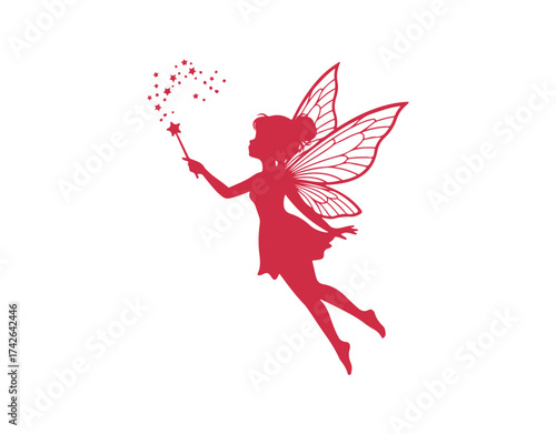 A red silhouette of a whimsical little fairy against a white background. This is a vector illustration for design purposes.
