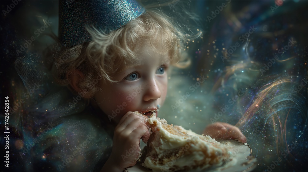 Fototapeta premium Whimsical Child Eating Cake at Magical Birthday