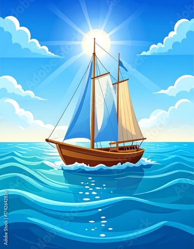 Sailing ship on sunny sea