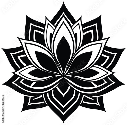 Stylized black and white lotus flower illustration. Abstract graphic shape design for yoga, meditation, and spiritual concepts. Symmetrical vector icon with intricate petals
