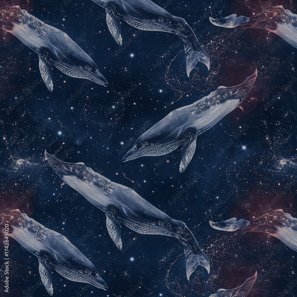 Fototapeta premium Cosmic Whale Seamless Pattern – Mystical Ocean Creature Design Floating in Starry Galaxy Night Sky