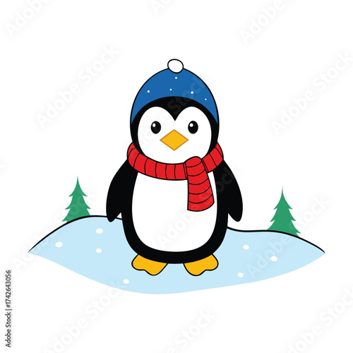 Cute cartoon penguin wearing a blue hat and red scarf in a snowy winter landscape