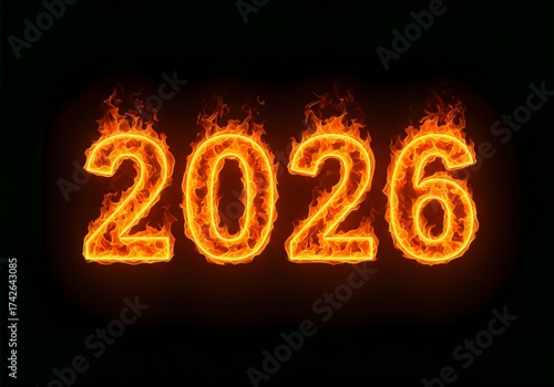 2026 fiery New Year with burning flame effect on black background, blazing fire typography art, dramatic new year design for celebration, energy, passion, digital creative concept illustration