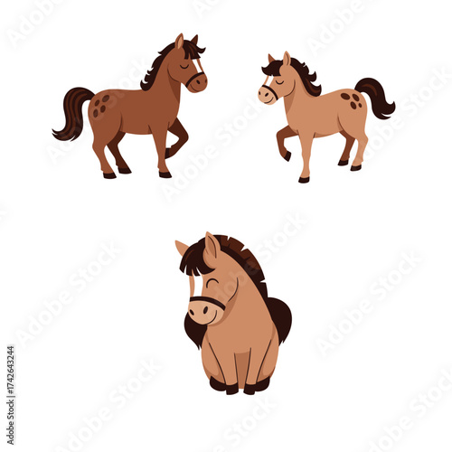 Three charming cartoon horses in different poses and colors on a white background.