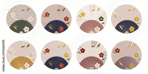 Collection of eight circular japanese fan designs with floral and leaf motifs in a soft color palette