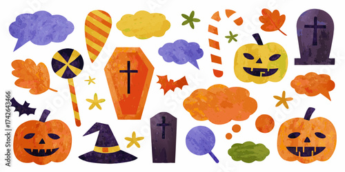 Collection of halloween themed illustrations with pumpkins coffins tombstones bats and candy