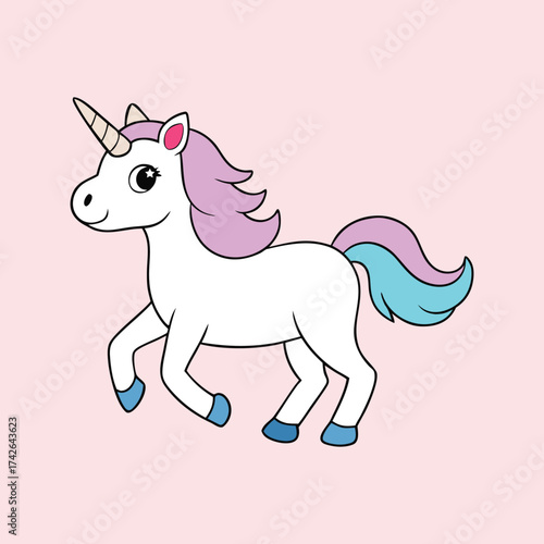 Charming cartoon unicorn with flowing mane and tail on a soft pink backdrop