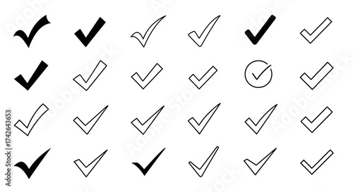 Check mark collection isolated on white background for approval and validation