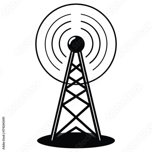 Clean line drawing of a wireless communication tower emitting signals suitable for technology and connectivity themes