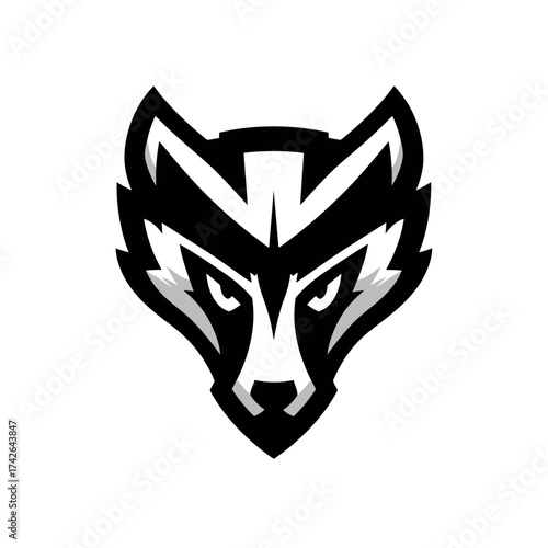 Stylized fierce badger or wolverine animal head graphic illustration logo concept. Aggressive predatory mammal design for esports, team mascot, or emblem.