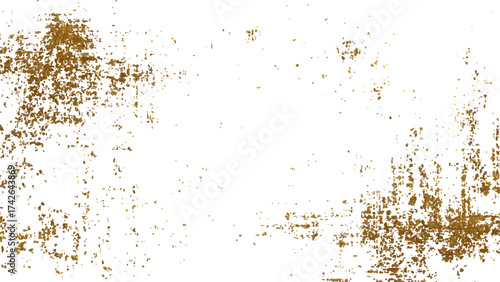 Gold grunge on transparent background. Gold splashes texture. Brush stroke design element. Grunge golden background pattern of cracks, scuffs, chips, stains, ink spots, lines