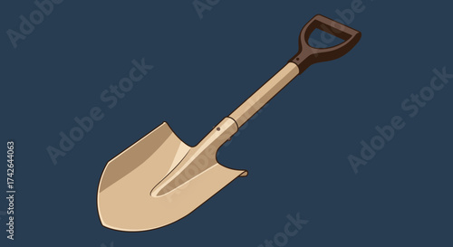 Illustration of a shovel with a wooden handle isolated on blue background