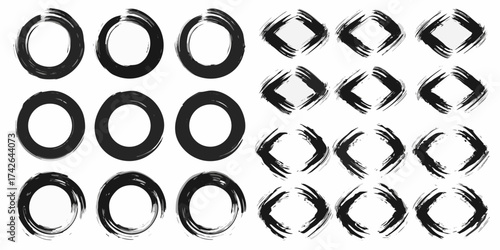 Collection of abstract black ink brush stroke circles and diamond shapes on white background