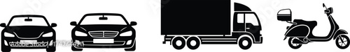 Black silhouette vector of sedan cars, box truck, and classic scooter on white background, showcasing diverse vehicle types and functions
