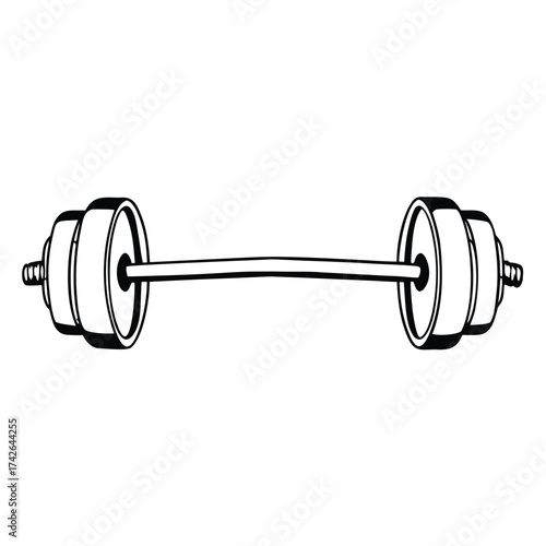 Clean vector outline illustration of a barbell with weight plates on each end suitable for fitness and sports themes