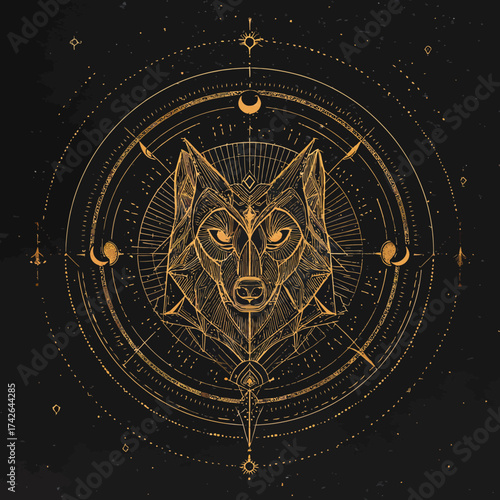 Geometric Wolf Head Symbol with Celestial Ornaments. Esoteric Golden Line Art Vector Illustration on Dark Background. Mystical Animal Design.