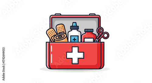 First aid kit with medical supplies for emergency isolated on white background