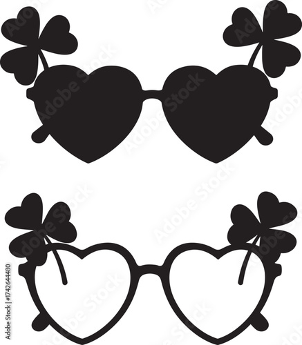 Two pairs of heart shaped glasses with shamrocks silhouette