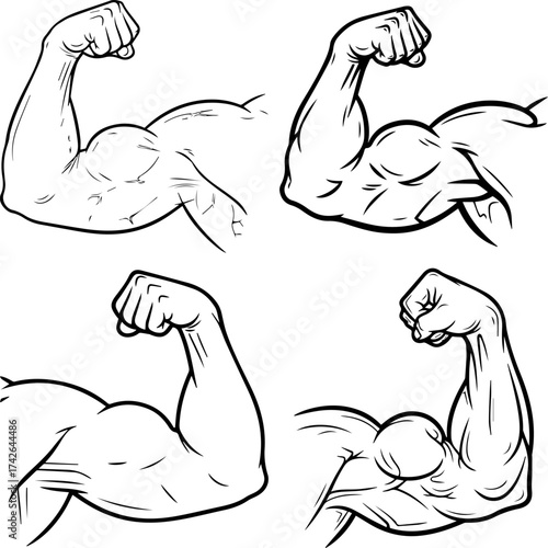 Set of Flexed Muscular Arms Showing Power, Fitness, and Strength