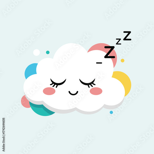 A cute sleeping cloud with closed eyes and blushing cheeks surrounded by colorful abstract shapes.