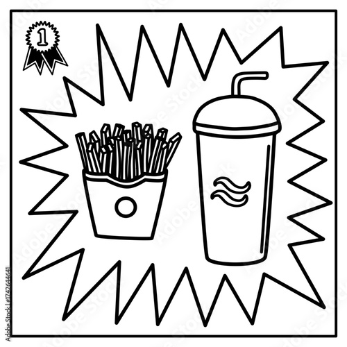 French Fries and Soft Drink Cup with Straw and Number 1 Rosette on Burst Background in Retro Black and White Vector Style Representing Best Quality and Popular Fast Food