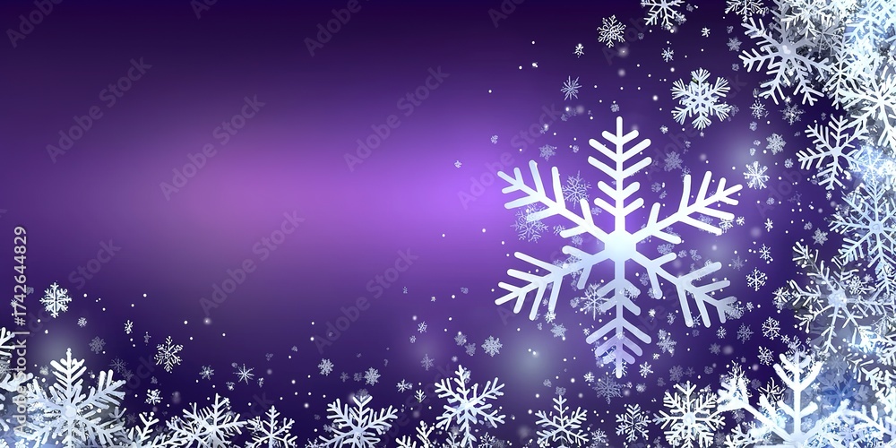 Fototapeta premium Christmas design, purple background with snowflakes and white space for text, conveys coolness and elegance, digital banner element for social media or marketing material