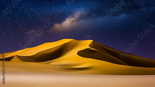 Golden desert illuminated by falling stars during colorful evening twilight