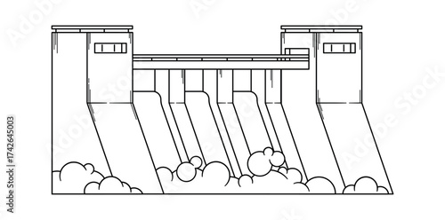 Hydroelectric dam facilities black-and-white sketch