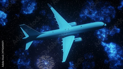 Aerial view of passenger jet flying through illuminated night clouds, fireworks faint below