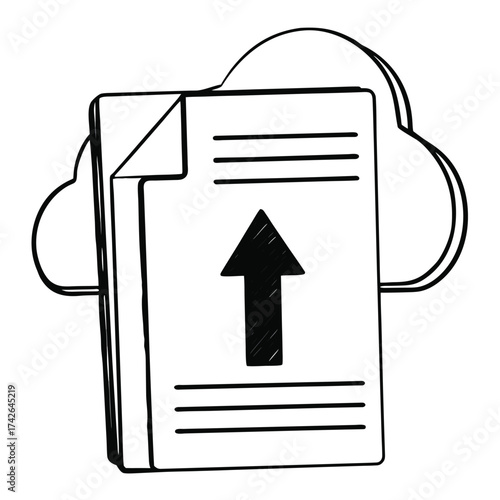 Flat line icon representing a document with an upward trending arrow symbolizing progress growth or data analysis