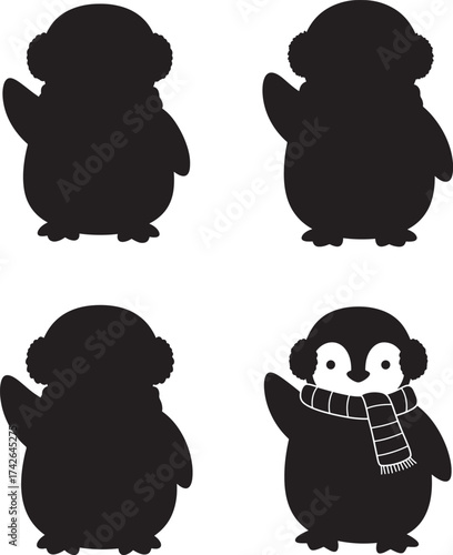 Four cute penguin silhouettes with one wearing a scarf