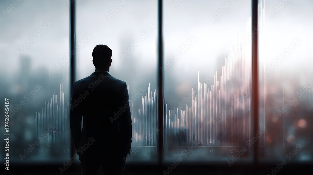 Fototapeta premium A businessman in silhouette gazes out an office window at a city skyline overlaid with financial growth charts symbolizing ambition and future