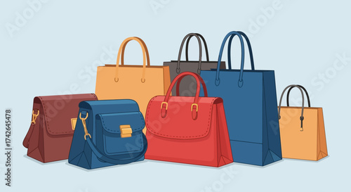 Collection of colorful womens handbags of different shapes and sizes