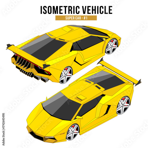 Isometric yellow supercar vector with sporty design and detailed 3D look. Perfect for games, automotive infographics, posters, and modern illustration projects.