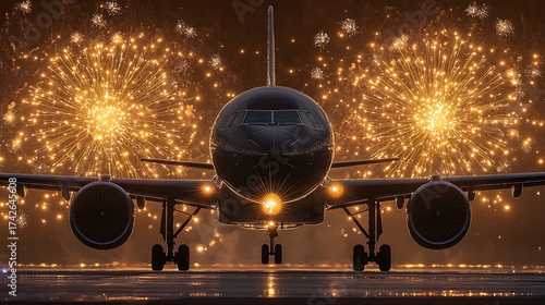 Silhouette of airplane framed against bright fireworks bursting behind night sky