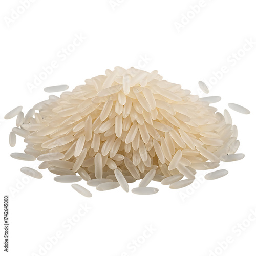 Small pile of raw long grain white rice isolated on transparent background PNG for culinary and staple food designs