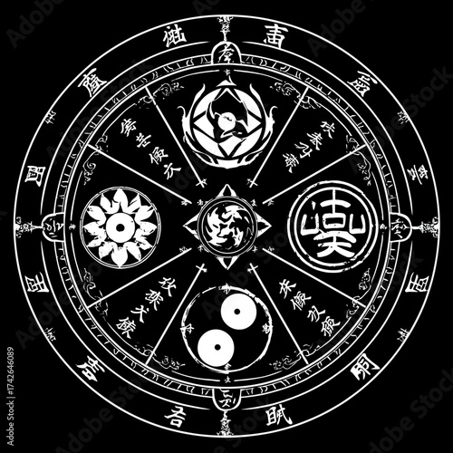 Mystical Oriental Magic Circle with Ancient Script and Intricate Symbols on Black Background for Spiritual and Fantasy Designs