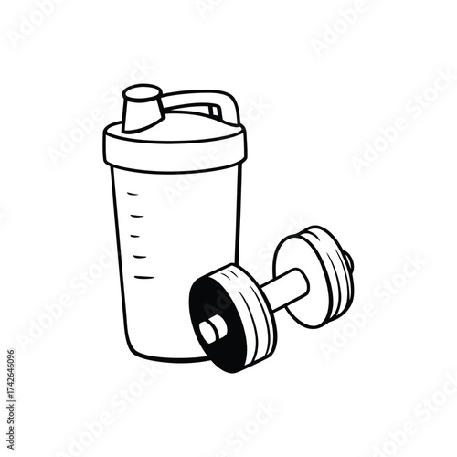 Clean flat outline icon of a protein shaker bottle with a lid and a handle suitable for fitness and health apps
