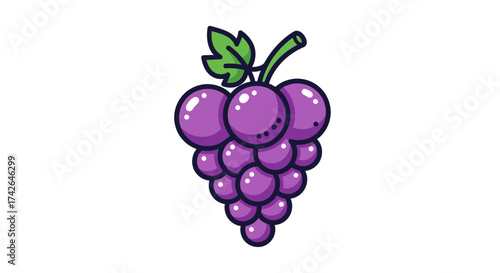 Bunch of purple grapes with green leaves isolated on white background