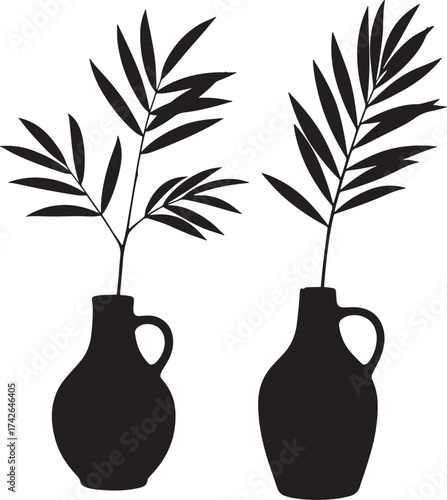 Two black silhouettes of palm leaves in ceramic vases silhouette